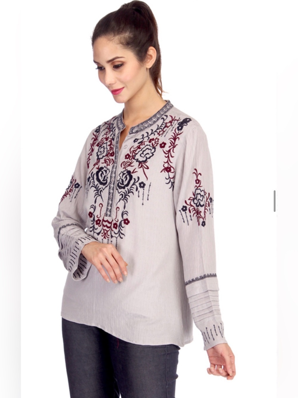 Reba Gray Embroidered Boho Tunic Top Floral Long Sleeve Crinkle Blouse Size S